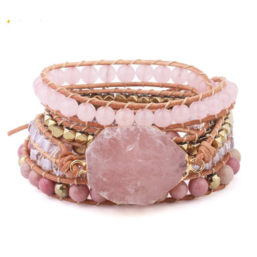 Natural Stone Bracelet  Quartz Leather Wrap Bracelets For Women Rose Gems Beads Jewelry 5 Strand - Soft Life Club